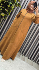 Kadın Giyim Büyük Beden Tam Boy Baklava Desenli Uzun Süet Pardesü