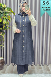 Kadın Giyim Büyük Beden Kapşonlu Zincir Detaylı Ray Desen Kapitone Yelek