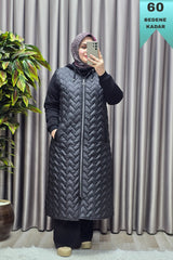 Kadın Giyim Büyük Beden Kapitone Çavuş Desen Kolları Üç İplik Şardonlu Polarlı Tesettür Mont