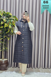 Kadın Giyim Büyük Beden Kapşonlu Astarlı Kare Desen Yelek