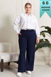 Kadın Giyim Büyük Beden Kemerli Scuba Kumaş Bol Paça Pantolon