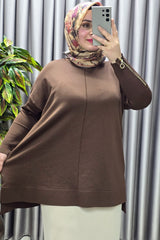 Kadın Giyim Büyük Beden Kolu Fermuar Detaylı Fitilli Standart Beden Triko Tunik