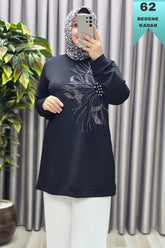 Kadın Giyim Büyük Beden Modal Taşlı Çiçekli Tunik