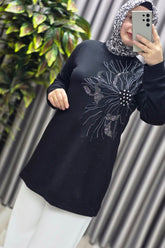 Kadın Giyim Büyük Beden Modal Taşlı Çiçekli Tunik