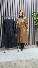 Kadın Büyük Beden Kapşonlu Fermuarlı Suni Deri Tesettür Kap Su Geçirmez Dış Giyim