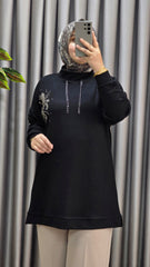 Kadın Büyük Beden Zincir Detaylı Taş İşlemeli Rahat Kalıp Esnek Kumaş Tunik