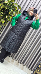 Kadın Tesettür Büyük Beden Kapüşonlu Fermuarlı Kürklü Piramit Desen Şişme Kapitone Yelek