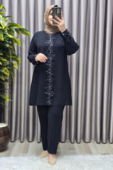 Kadın Tesettür Giyim Büyük Beden Kabartma Çiçekli Krep İkili Takım