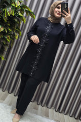 Kadın Tesettür Giyim Büyük Beden Kabartma Çiçekli Krep İkili Takım