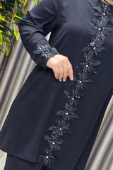 Kadın Tesettür Giyim Büyük Beden Kabartma Çiçekli Krep İkili Takım