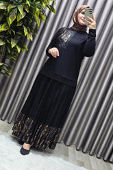 Kadın Tesettür Giyim Büyük Beden Pileli Leopar Desenli Etekli Takım