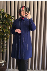 Kadın Tesettür Giyim Büyük Beden Şerit Taşlı Krep Gömlek