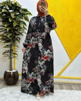 Palmiya Desen Gömlek Elbise Siyah