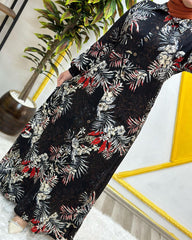 Palmiya Desen Gömlek Elbise Siyah