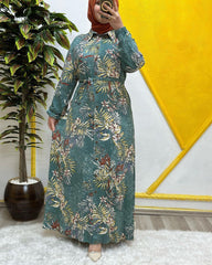 Palmiye Desen Gömlek Elbise Yeşil