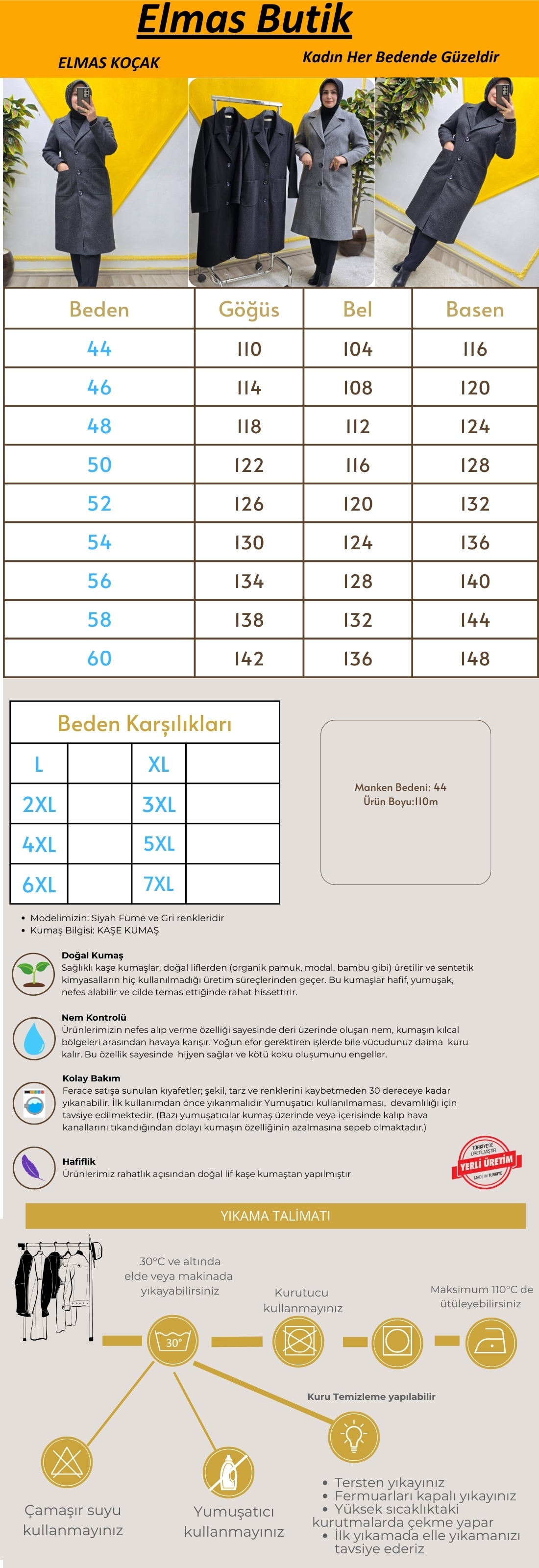 Büyük Beden Kadın Füme Kaşe Kaban