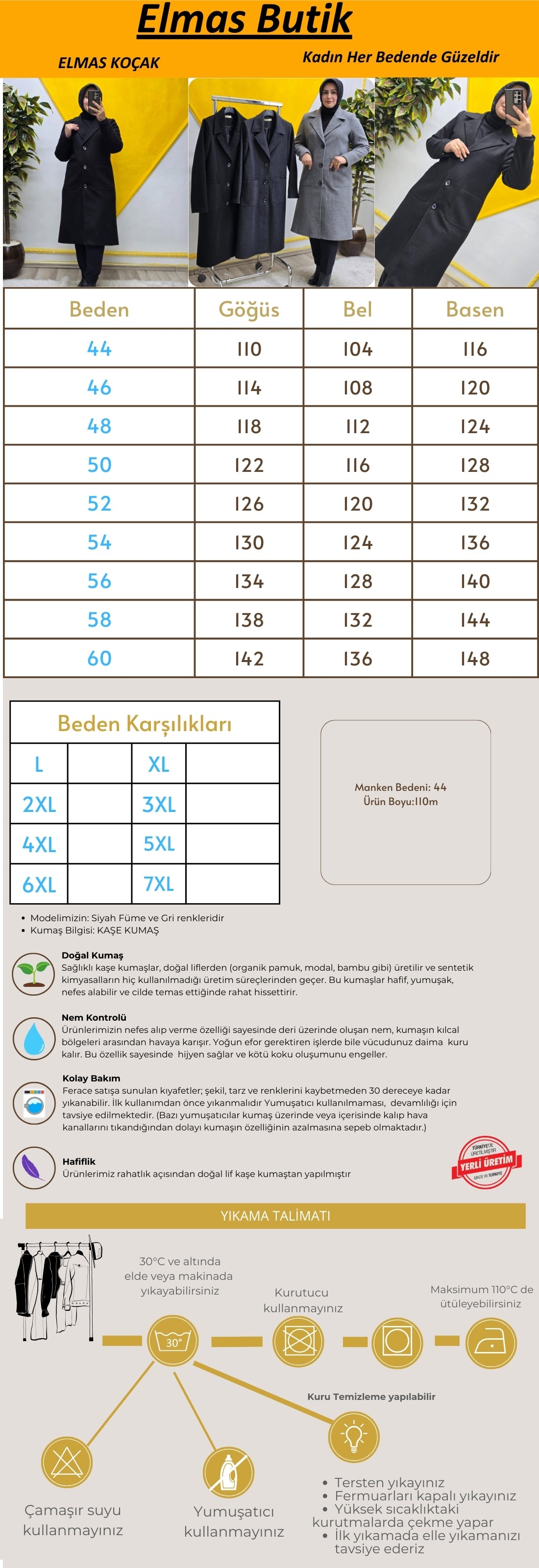 Büyük Beden Kadın Siyah Kaşe Kaban