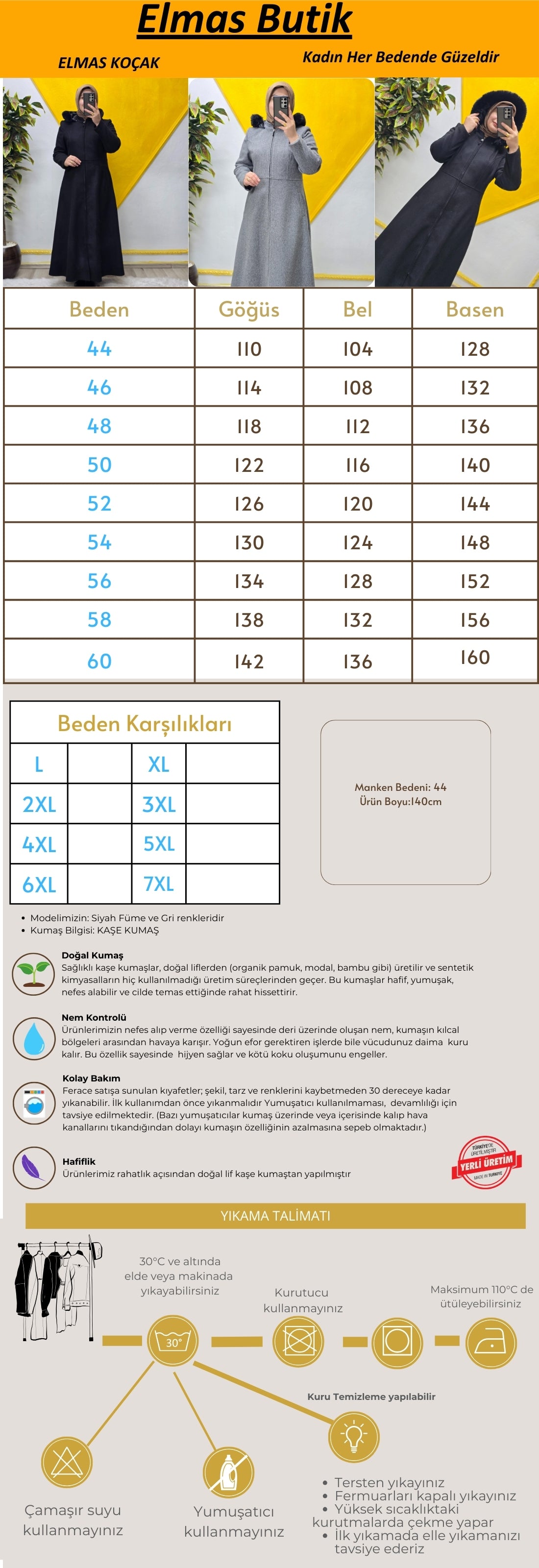 Büyük Beden Kadın Tam Boy Siyah Kaşe Kaban