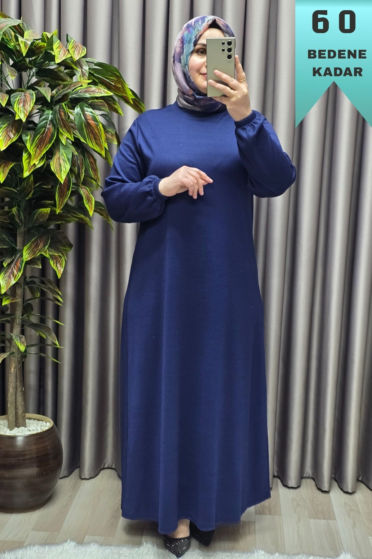 Kadın Büyük Beden Hakim Yaka Kolları Büzgülü Fitilli Nevra Elbise