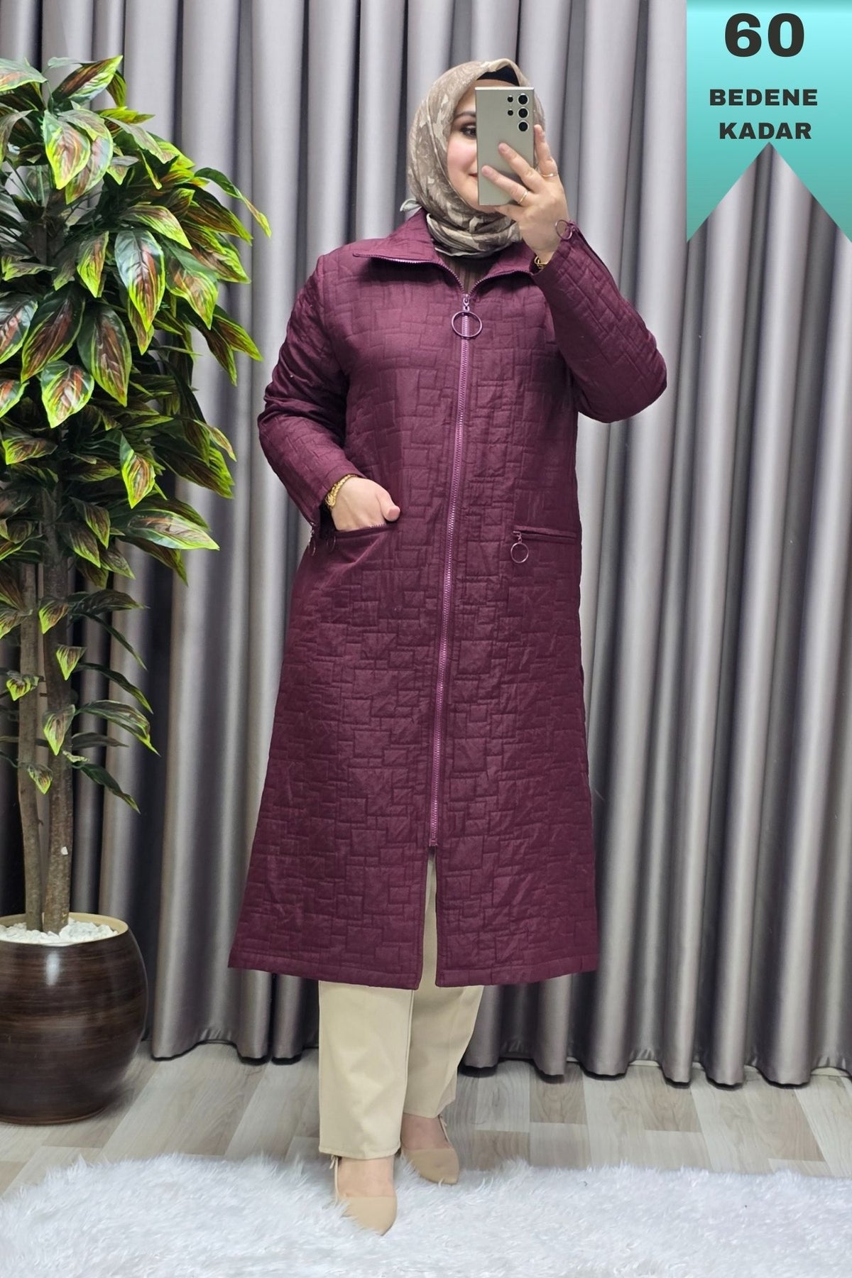 Kadın Giyim Büyük Beden Kapitone Kolu Fermuarlı Kap