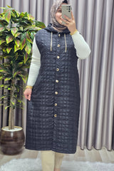 Kadın Giyim Büyük Beden Kapşonlu Astarlı Kare Desen Yelek