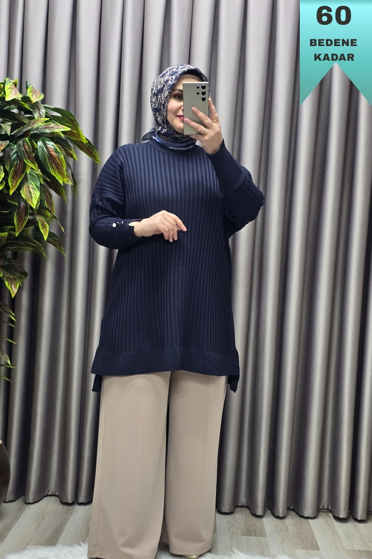 Kadın Giyim Büyük Beden Kolu Düğmeli Fitilli Standart Beden Triko Tunik