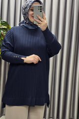 Kadın Giyim Büyük Beden Kolu Düğmeli Fitilli Standart Beden Triko Tunik