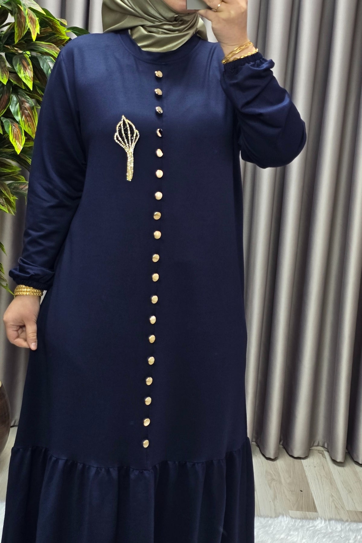 Kadın Giyim Büyük Beden Kristal Düğmeli Elbise