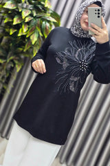 Kadın Giyim Büyük Beden Modal Taşlı Çiçekli Tunik