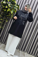 Kadın Giyim Büyük Beden Modal Taşlı Çiçekli Tunik