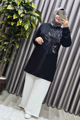 Kadın Giyim Büyük Beden Modal Taşlı Çiçekli Tunik