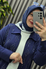 Kadın Giyim Büyük Beden Önü Fermuarlı Elmas Taşlı Pantolonlu Üçlü Takım
