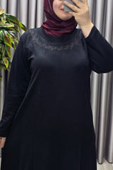 Kadın Giyim Büyük Beden Yakası Nakışlı Taşlı Tesettür Elbise