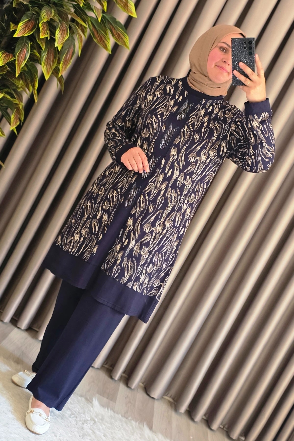 Kadın Tesettür Giyim Büyük Beden Şerit Desenli Nisa Takım