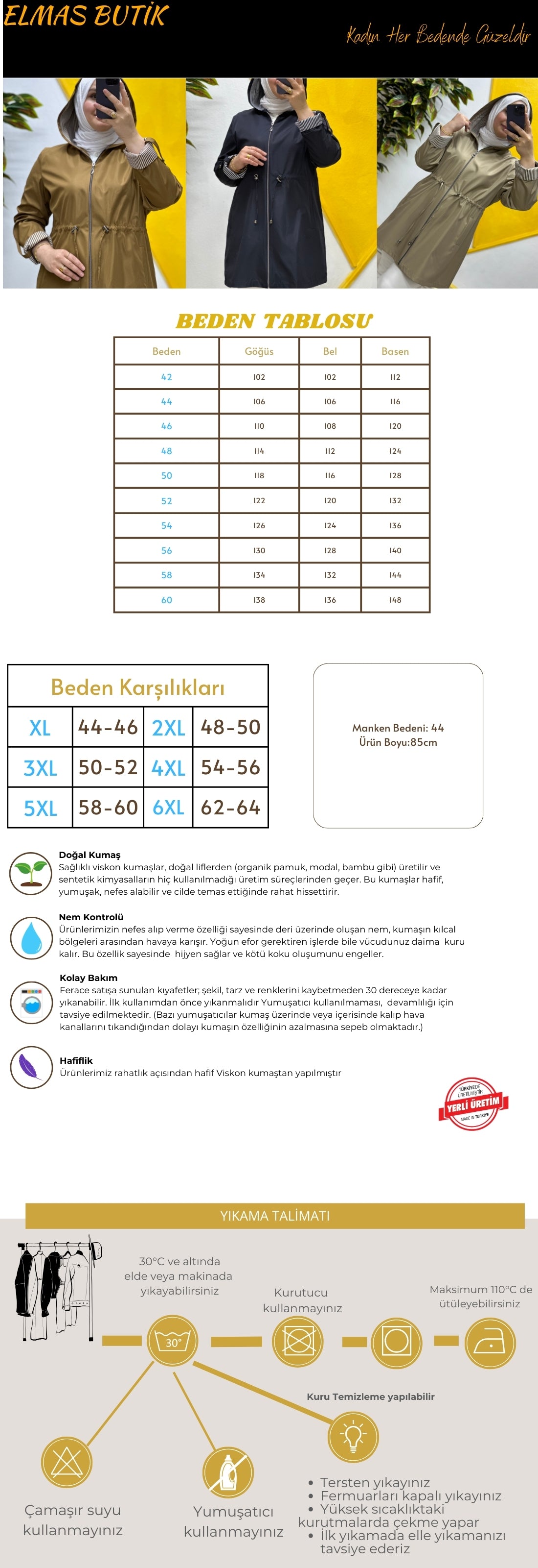 Kadın Kısa Tesettür Büyük Beden Fermuarlı Trençkot