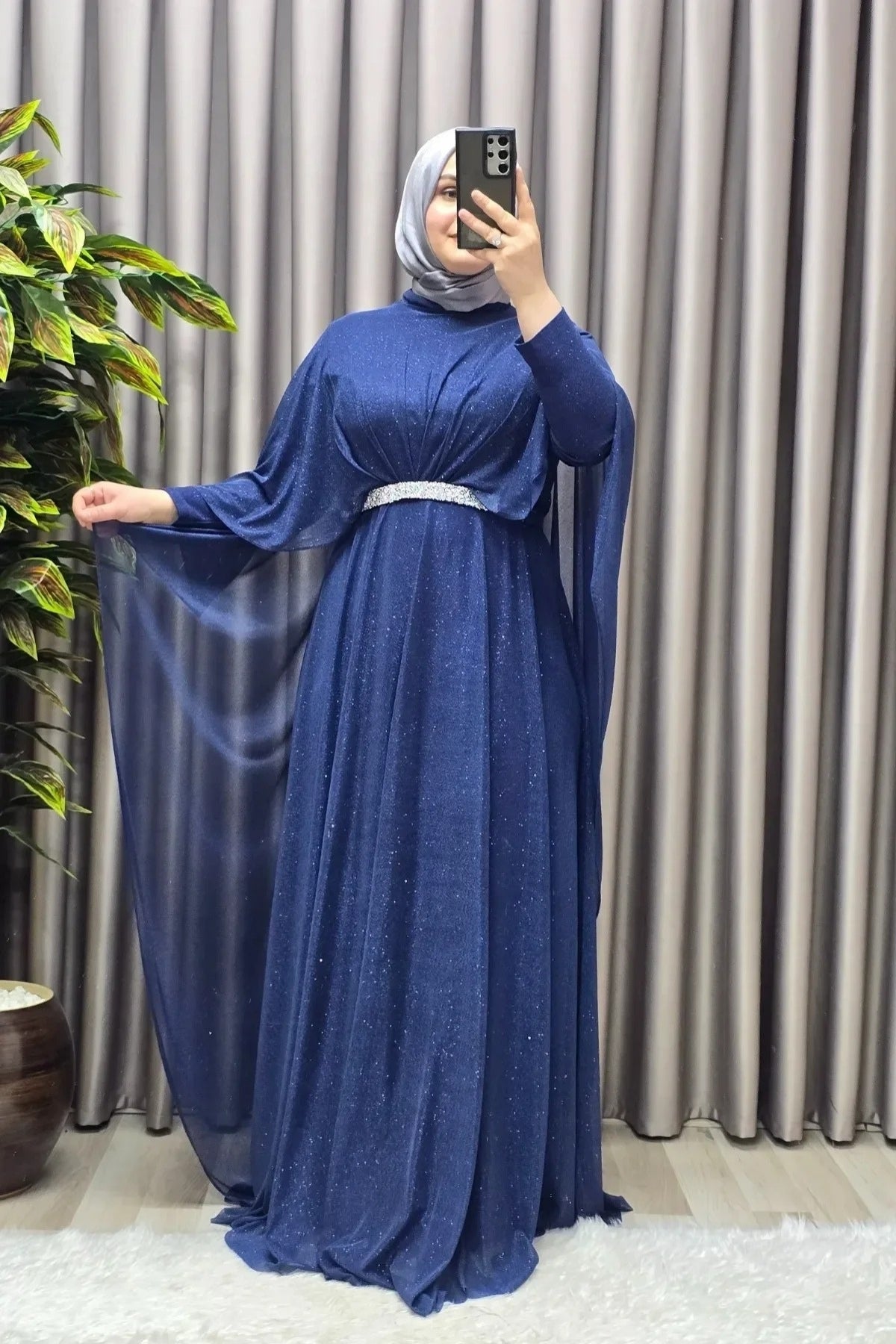 Kadın Tesettür Büyük Beden Giyim Simli  Pelerinli Abiye