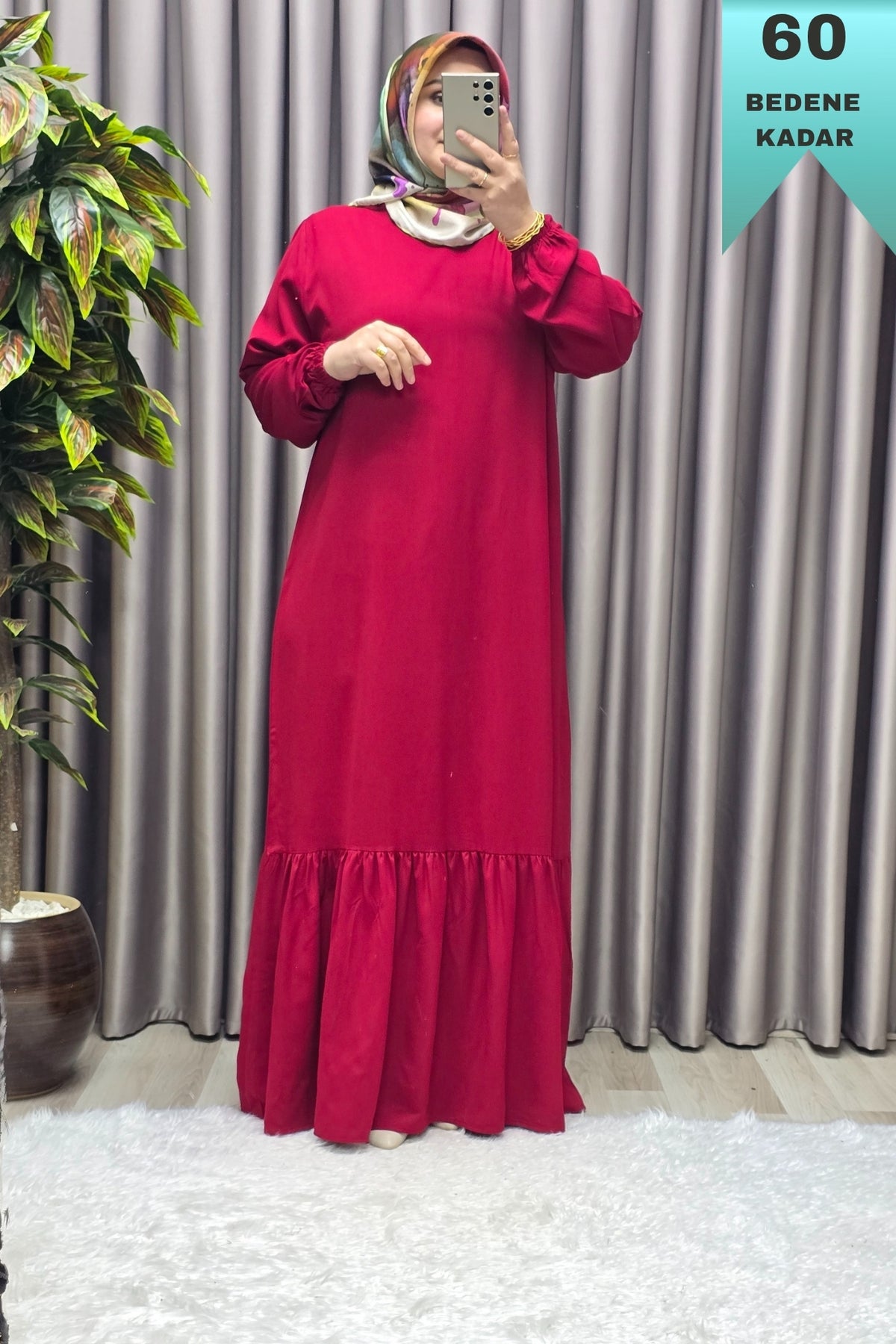 Kadın Tesettür Giyim Büyük Beden Düz Fırfırlı Elbise