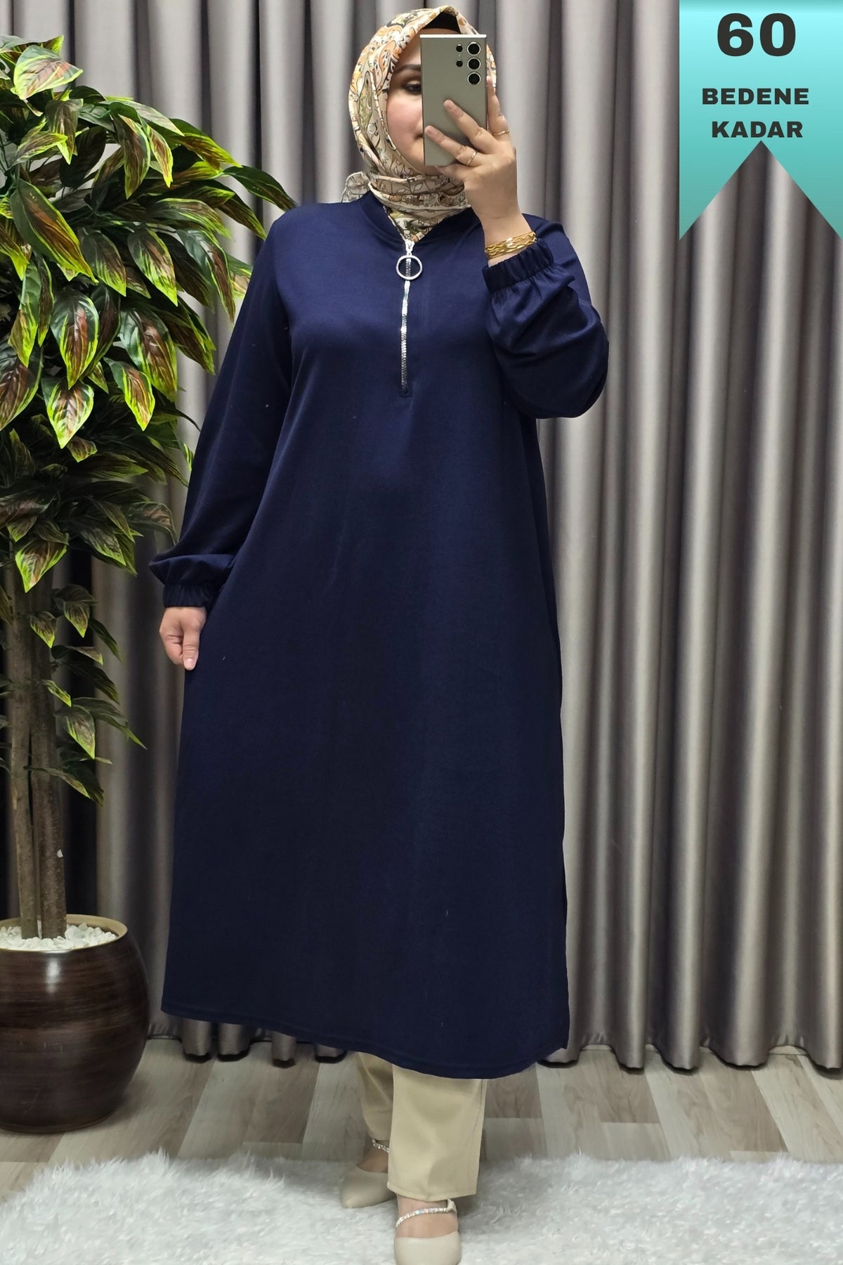 Kadın Tesettür Giyim Büyük Beden Fermuarlı Jumbo Uzun Tunik