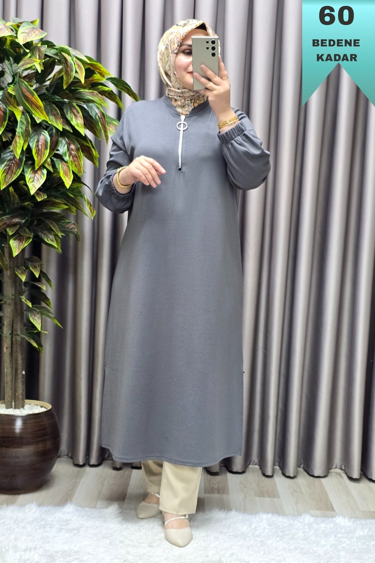 Kadın Tesettür Giyim Büyük Beden Fermuarlı Jumbo Uzun Tunik