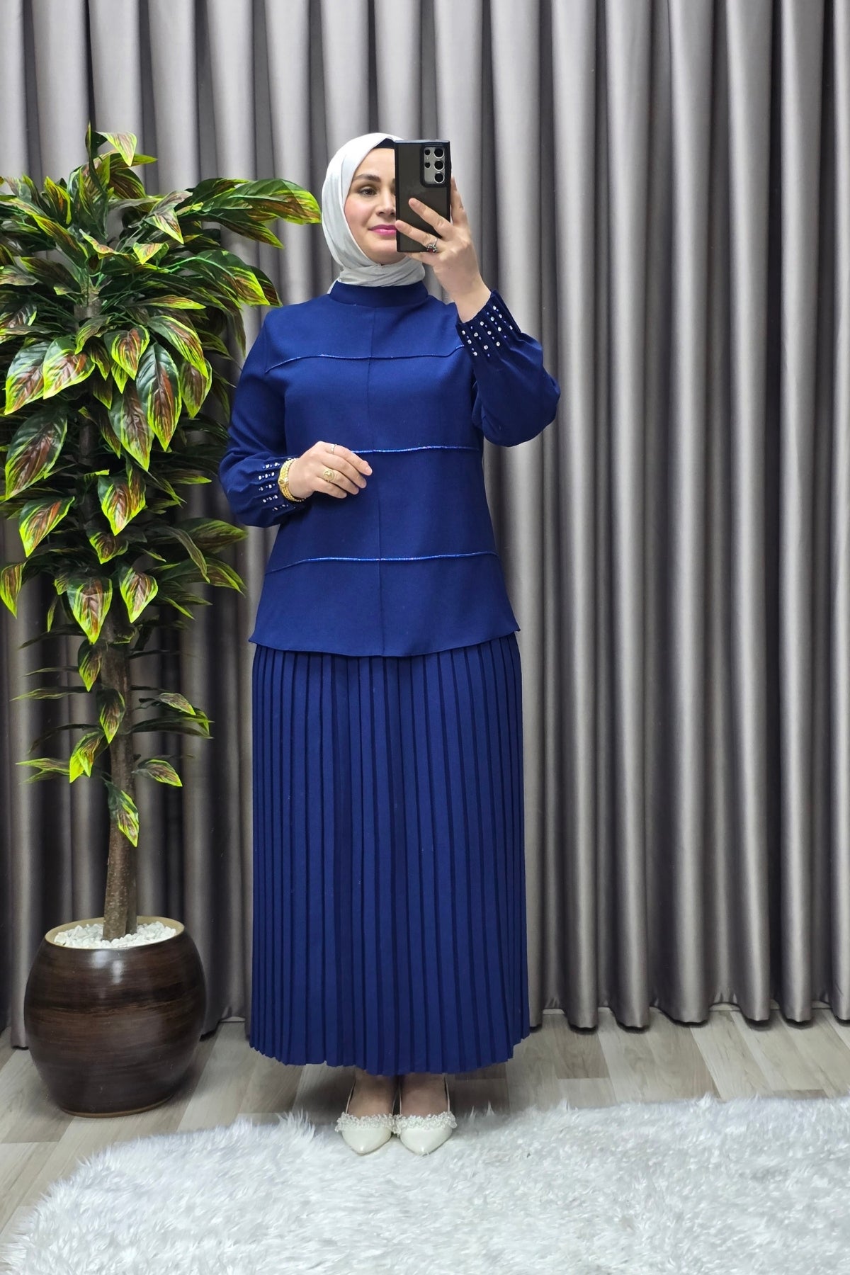 Kadın Tesettür Giyim Büyük Beden Krep Etekli Takım