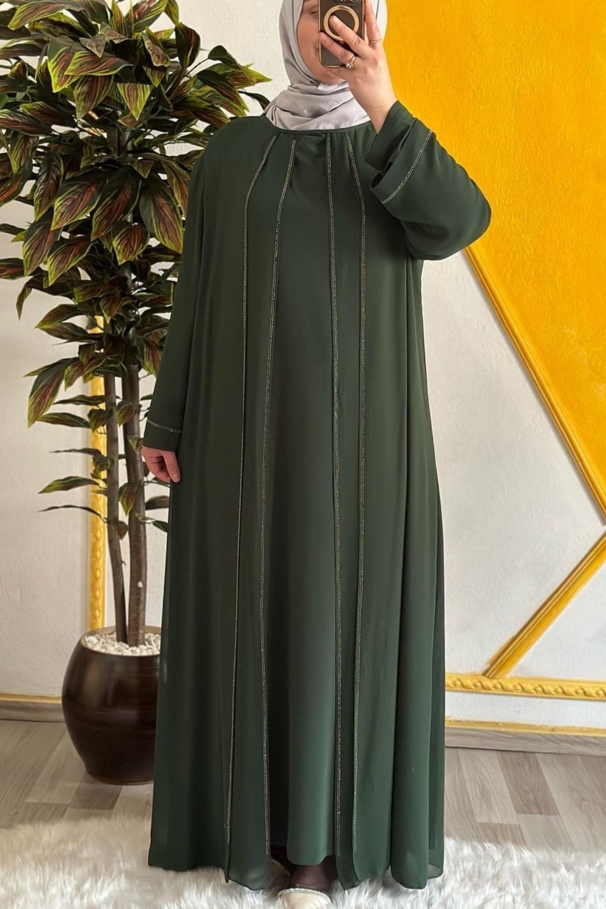 Kadın Tesettür Giyim Büyük Beden Şifon Şerit Taşlı Abiye