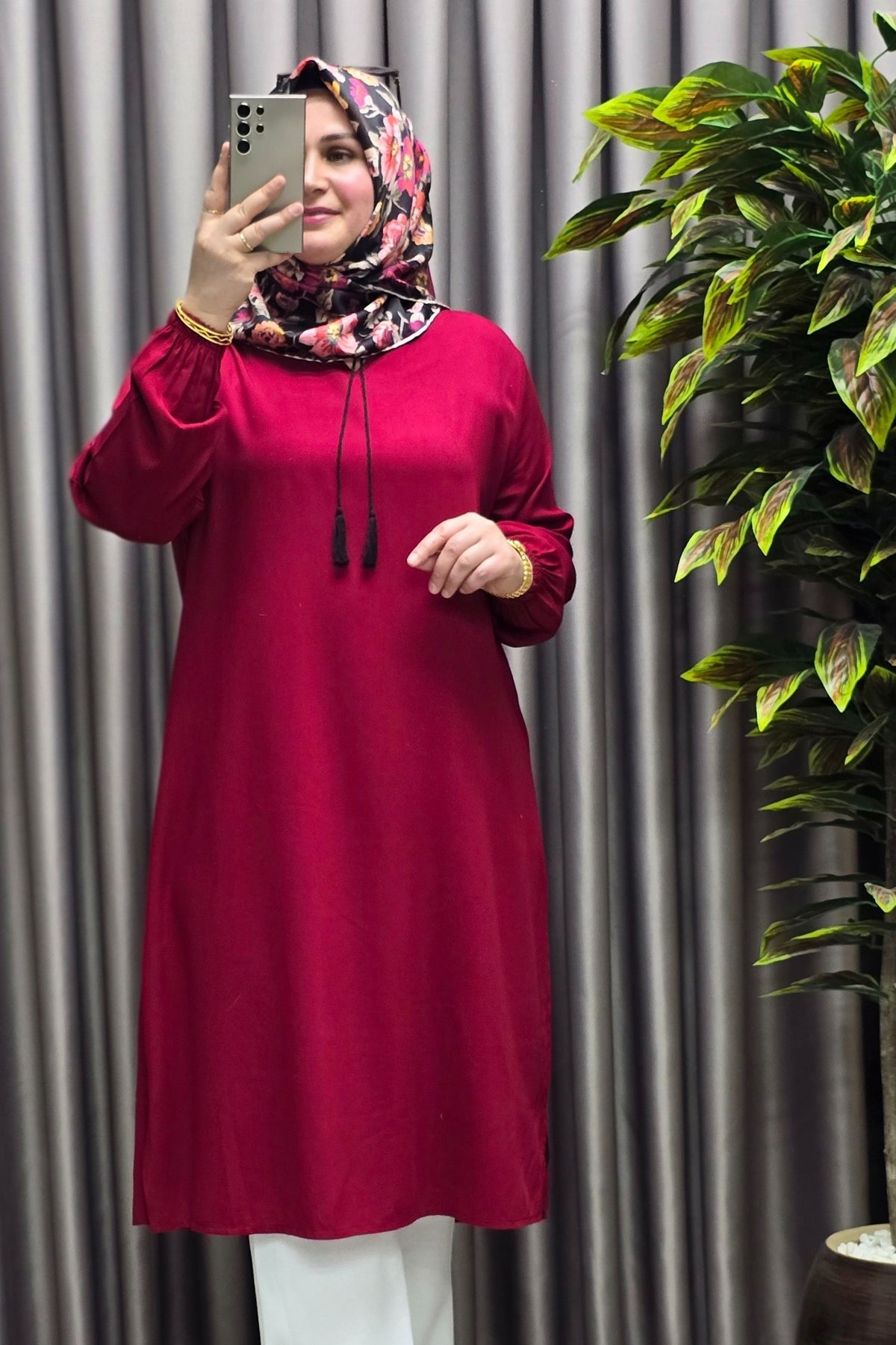 Kadın Tesettür Giyim Büyük Beden Tek Renk İpli Tunik