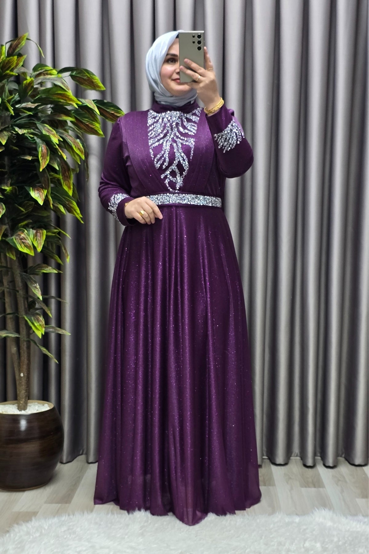 Kadın Tesettür Giyim Büyük Beden V Taşlı Abiye