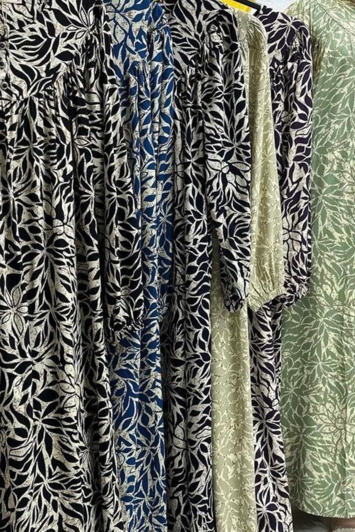 Kadın Tesettür Giyim Büyük Beden Yaprak Desenli Tam Robalı Elbise