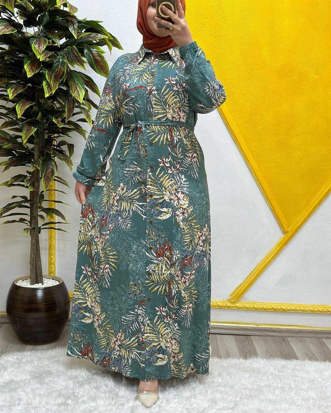 Palmiye Desen Gömlek Elbise Yeşil